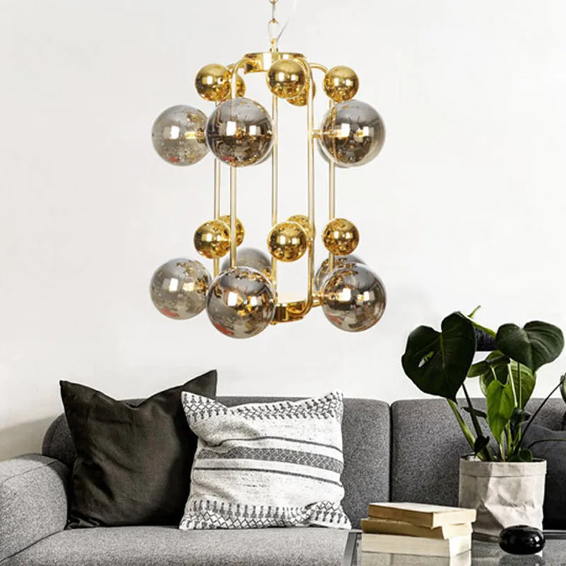 Contemporary LED Ceiling Chandelier with Global Amber/Smoke Gray Glass - 10 Lights for Living Room